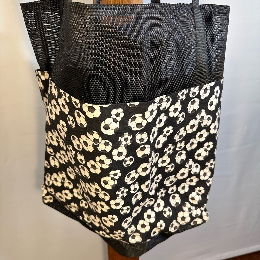 Womens Black White Fabric Mesh Tote Hand Bag Soccer Football Novelty Print L